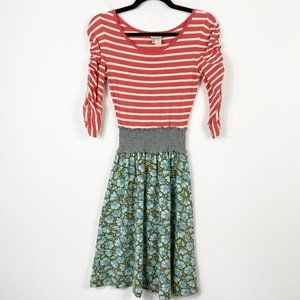 MATILDA JANE Lydia Dress Smocked Ruched Stripe Orange Green Floral 3/4 Sleeve XS